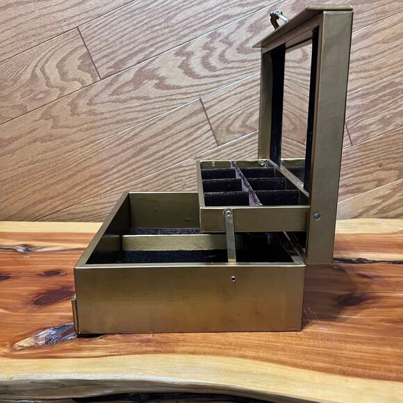 Vintage Gold Tone MCM MidCentury Musical Jewelry Box Lined Mirror Compartments - Picture 6 of 12
